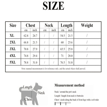 A sizing chart for dog sweaters