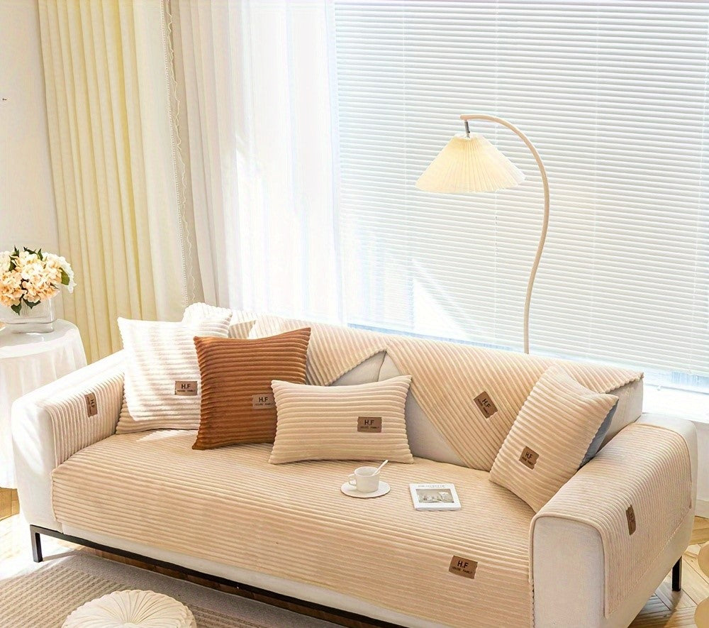 Winter Warm plush thick sofa cover in a modern living room setting in color camel