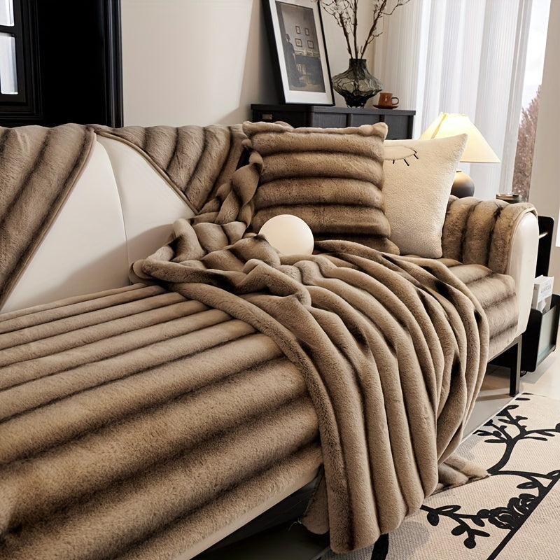 Imitation Mink Plush Sofa Cover in Khaki Color