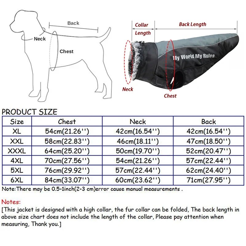 "Size chart for the waterproof dog jacket, ensuring a perfect fit for all breeds."
