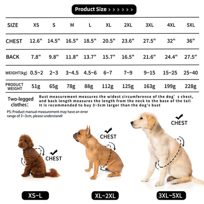 "Size chart graphic for dog winter coats, detailing dimensions for all sizes."