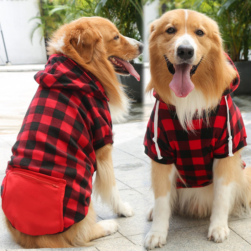 "Two dogs in vibrant red and black plaid coats, standing proudly."