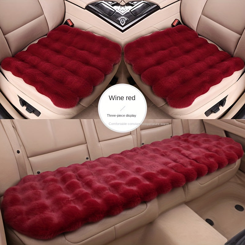 Burgundy Winter Plush Car Seat Cushion, Faux Rabbit Fur, Universal Fit, Thick Anti-Slip Design