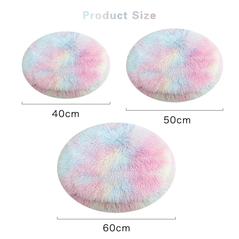 Different Sizes of Rainbow Plush Cat Beds for Cats & Small Dogs Soft Round and Colorful Pet Mats