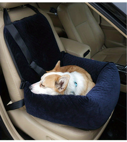 A Dog Using the Foldable Dog Car Seat in Navy Blue Color