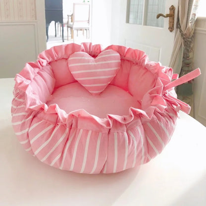 Cozy Pet Bed with Heart Toy for Dogs and Cats Pink Stripes