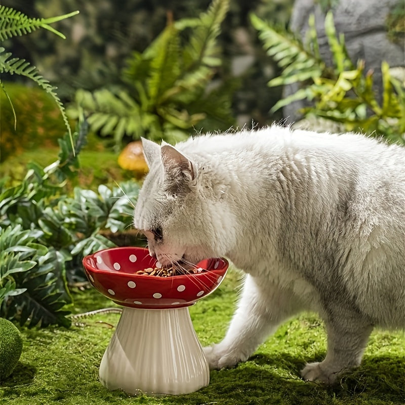 a cat eating in the Mushroom Cat Bowl