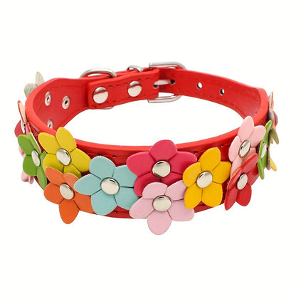 Red dog collar adorned with multi-colored flowers.