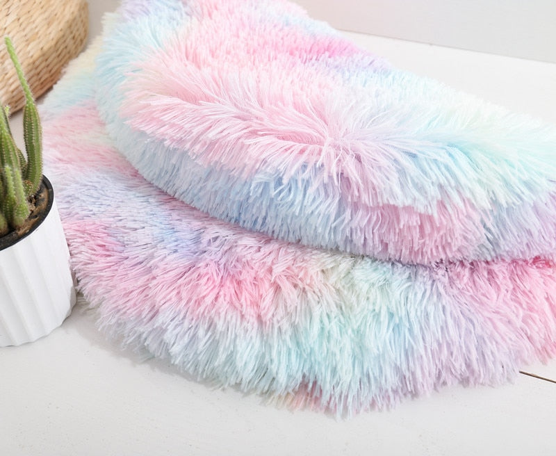 Rainbow Plush Cat Beds for Cats & Small Dogs Soft Round and Colorful Pet Mats