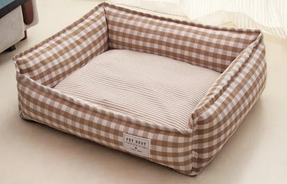 Square Lattice Pet Kennel Bed - Medium & Small Dog Calming Sofa Cushion Khaki