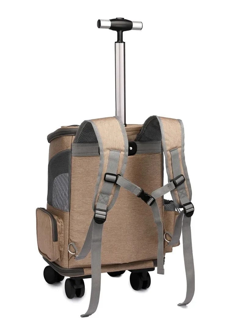 Compact and deluxe small pet backpack carrier with trolley option.