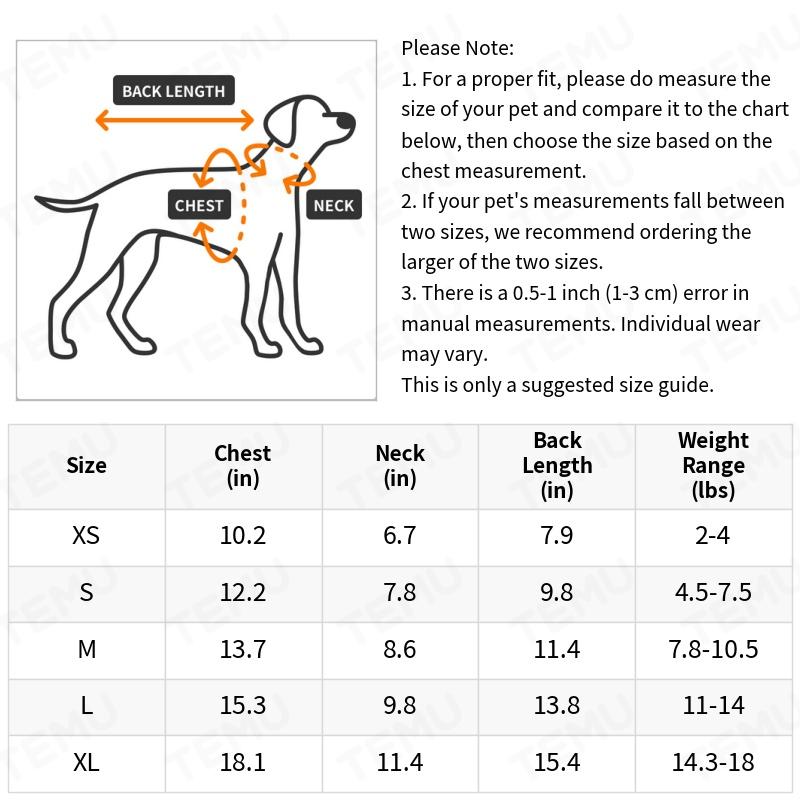 Size chart of dog clothes jumpsuit