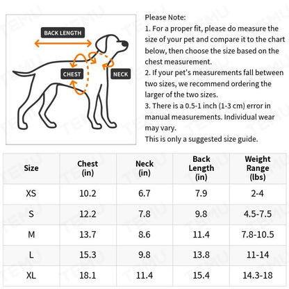 Size chart of dog clothes jumpsuit