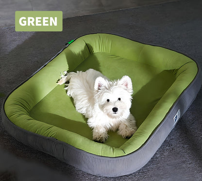 Cozy oval pet bed with plush cover, featuring built-in neck support for cats and dogs in green color