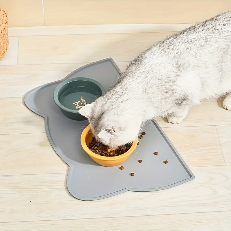 Durable, flexible pet feeding mat with raised edges in grey color