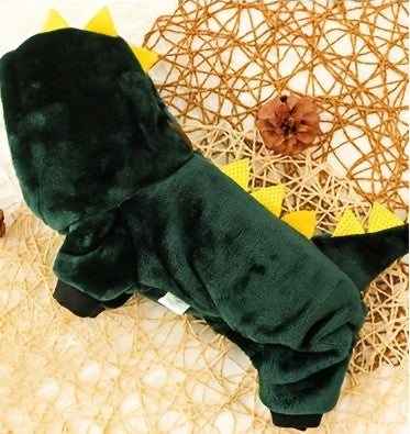 displaying the hood's detail with the same yellow spikes and the dark green fleece material.