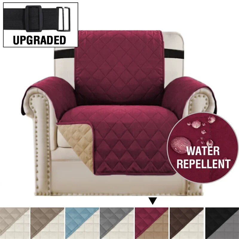 "Maroon waterproof slipcover protecting a cozy chair."
