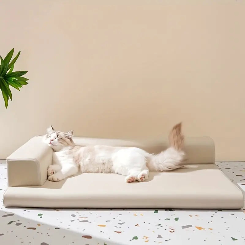 Cream Leather L-Shaped Cat Sofa Bed in Durable Waterproof Fabric for Ultimate Pet Comfort

