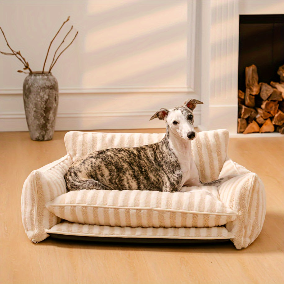 striped pet sofa bed featuring a double-layer design in beige color