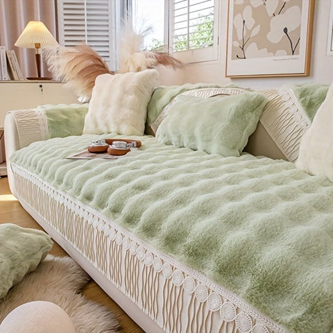 Faux Rabbit Plush Sofa Cover in a cozy living room setting in green color