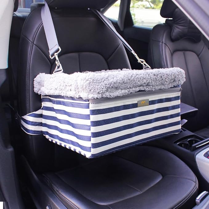 Small Dog Booster Seat with Metal Frame in Blue Stripes  Design