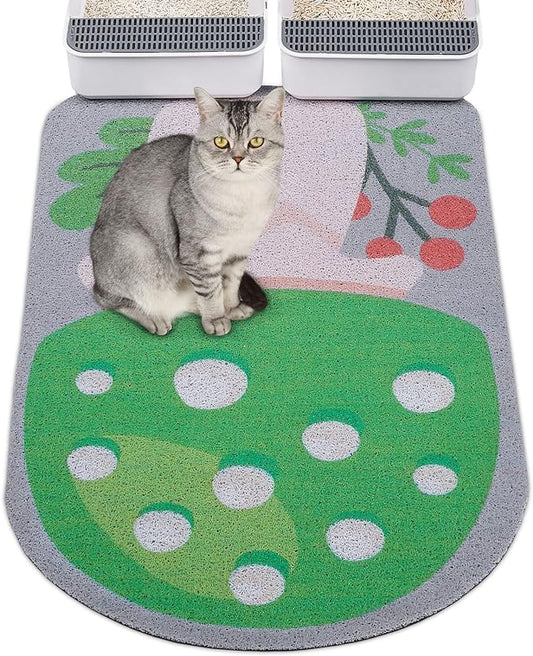 Mushroom-patterned cat litter mat in green color