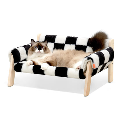 Elevated Wooden Cat Bed Sofa: Sturdy, Fluffy Pet Furniture for Cats & Small Dogs Checkerboard