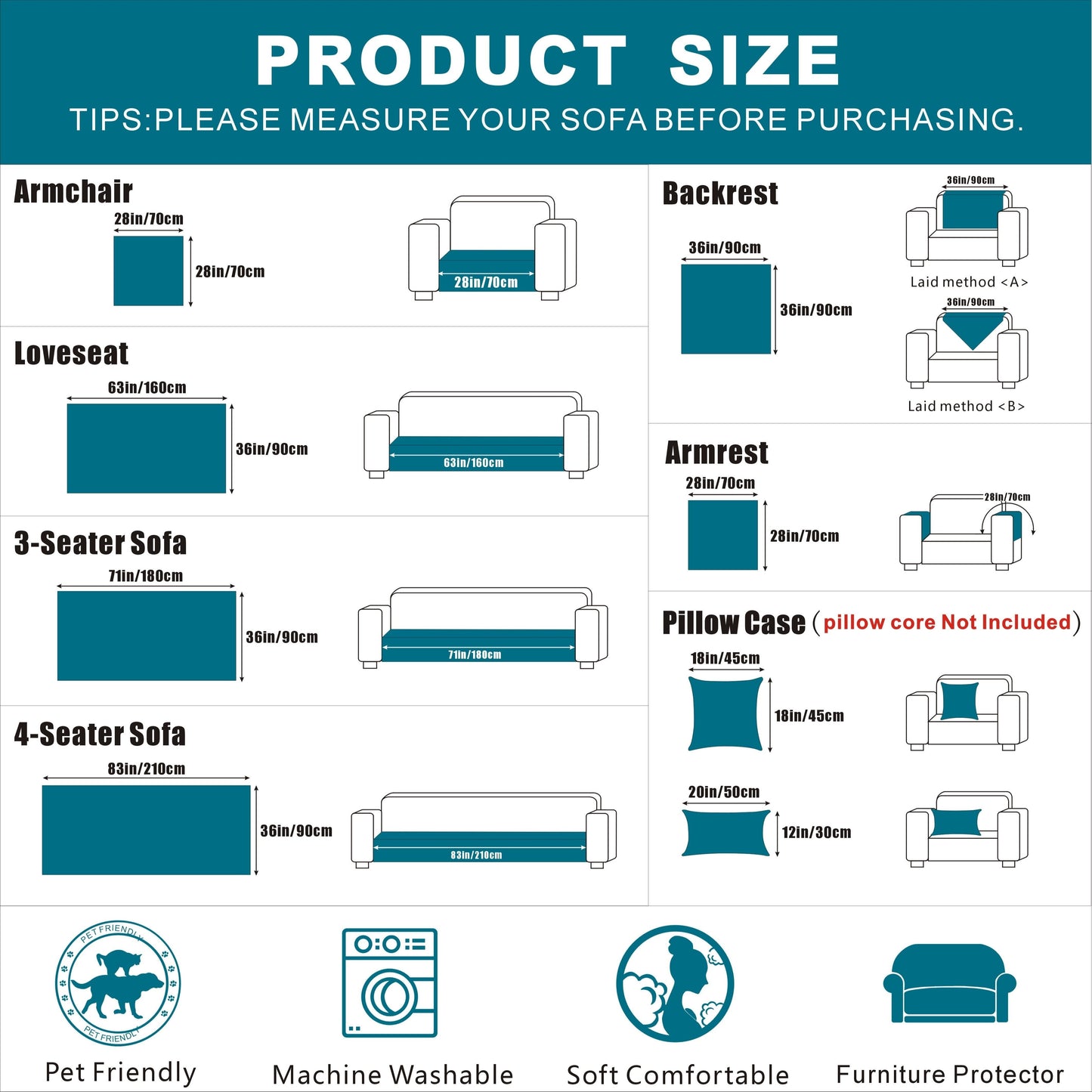 Size chart for Bohemian Chenille Sofa Slipcover