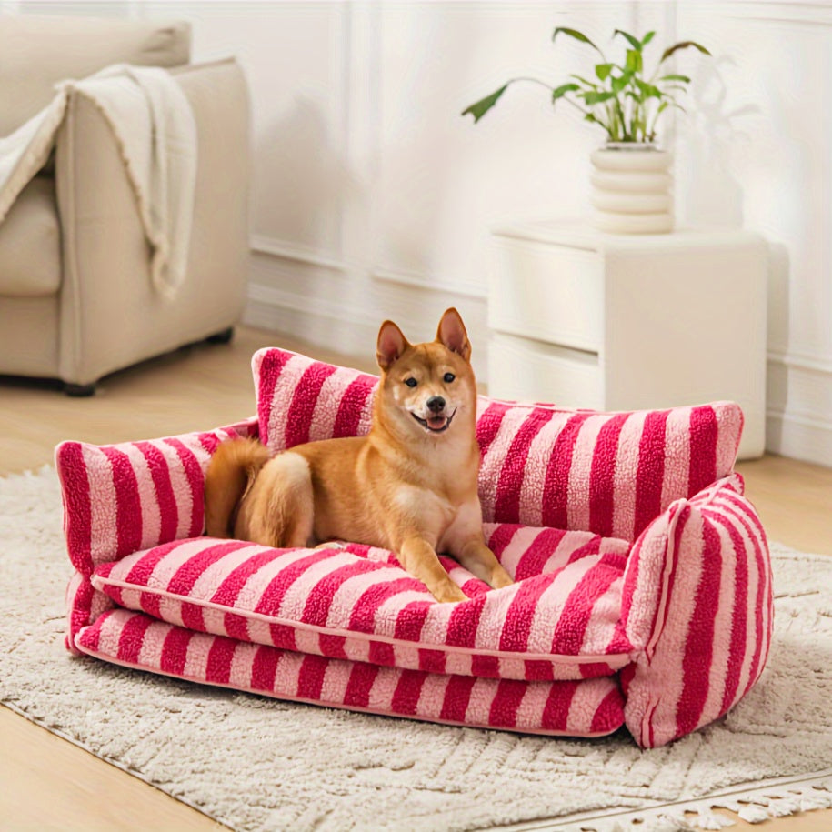 double-layer dog nest with striped pattern in rose color