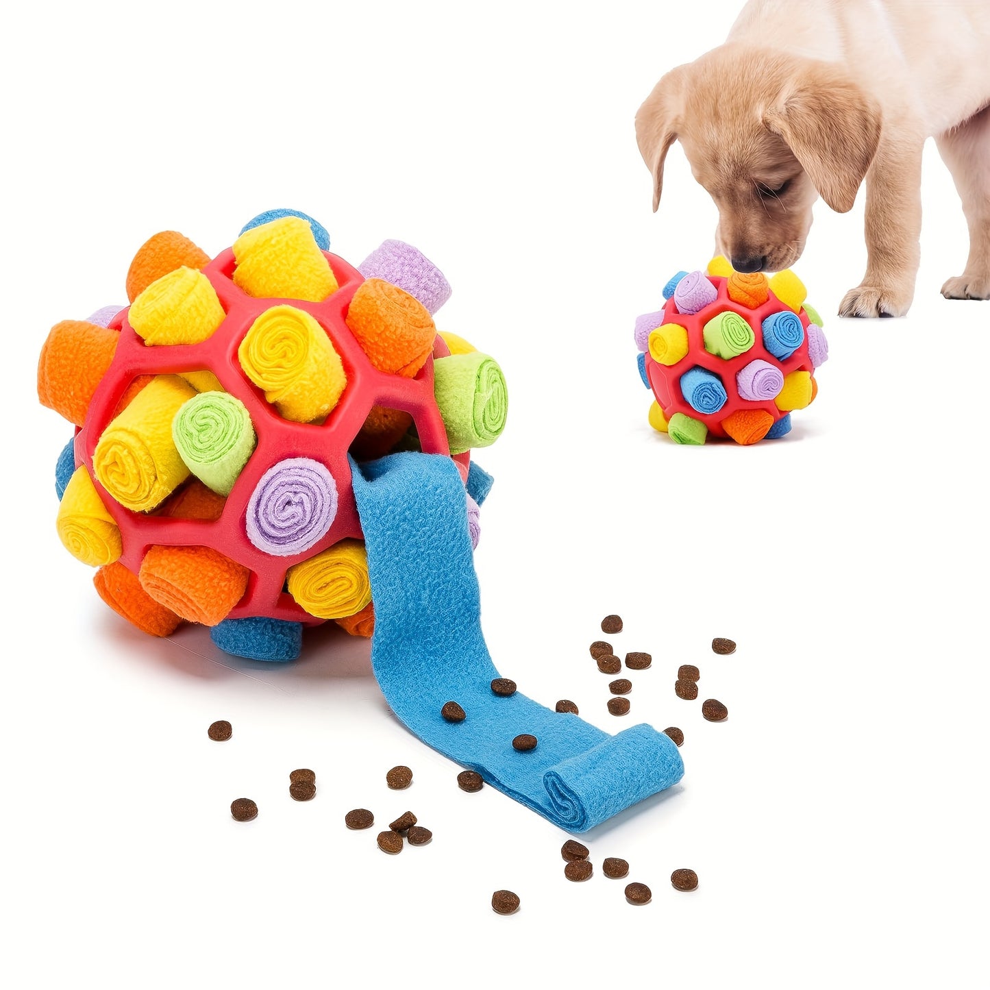 A dog using the Sniffing Ball Smart Slow-Feeding Puzzle Toy