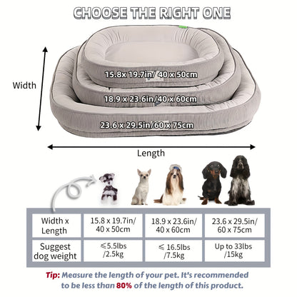 Different sizes of Pet-friendly oval bed with a cozy plush cover and neck support