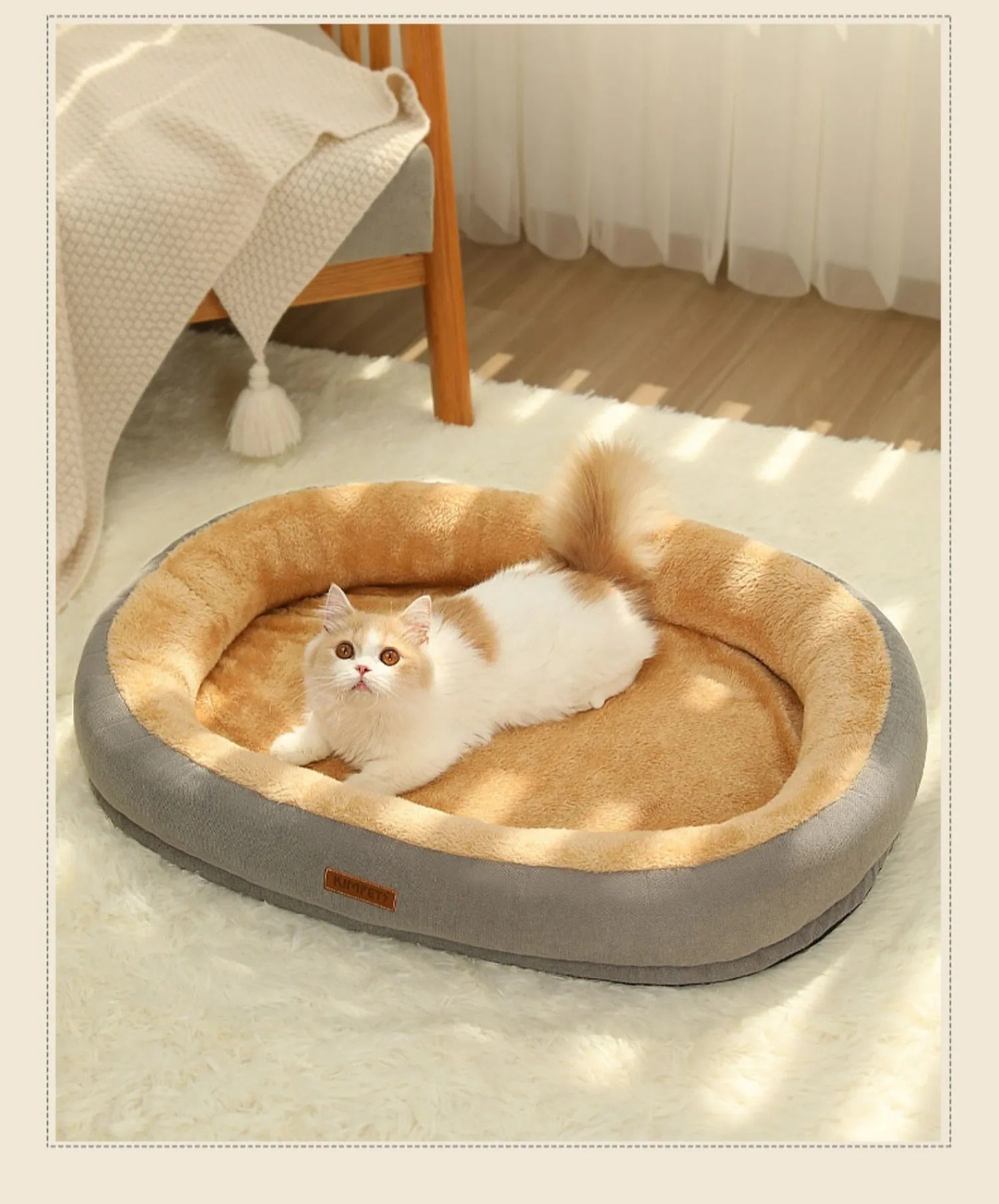 Pet-safe medium oval round dog bed with orthopedic support, non-slip bottom, machine washable.