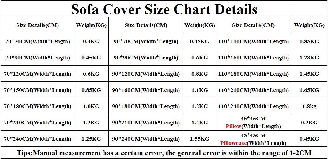 Size Chart Details of Linen L-Shaped Sofa Cover