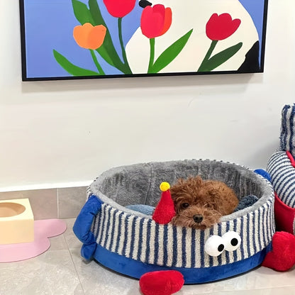 A Dog in a Warm Plush Pet Bed in Blue Color