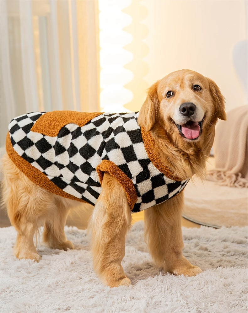 Dog jacket in tartan pattern, designed for medium and large breeds.