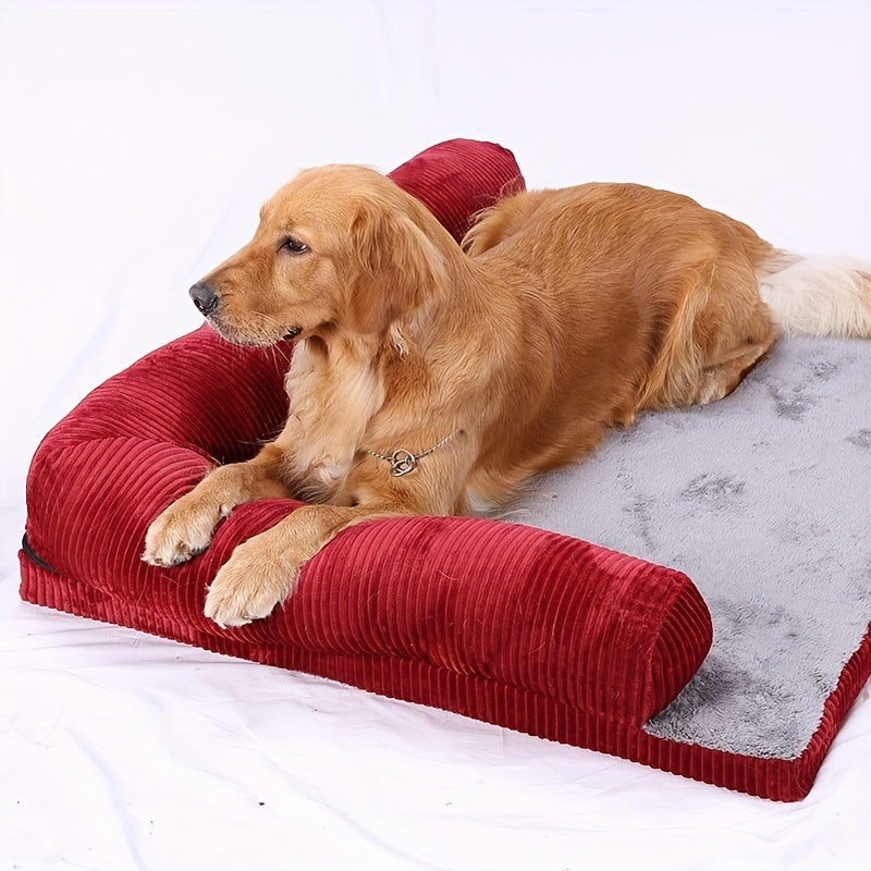 A happy dog lounging on our comfortable dog bed.