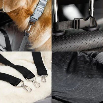 "A durable safety harness attached to a dog booster seat, ensuring pet safety during travel."