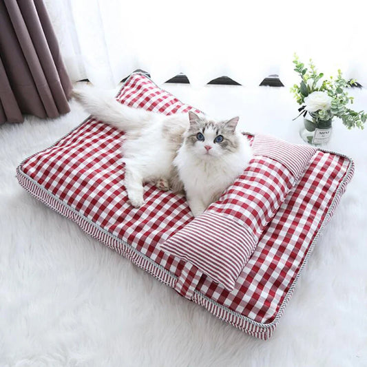 Luxury Check Dog Bed Soft Calming Washable Pet Mat with Pillow Red