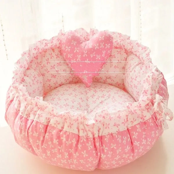 Cozy Pet Bed with Heart Toy for Dogs and Cats Pink Ribbons