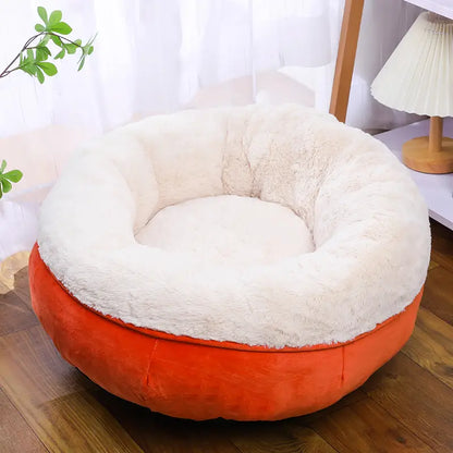 White & Orange Plush Round Donut Cat Bed in Various Colors, Perfect for Cats and Small Pets.

