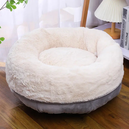 White & Grey Plush Round Donut Cat Bed in Various Colors, Perfect for Cats and Small Pets.

