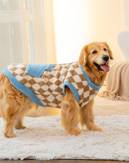 Elegant dog wearing luxurious winter tartan jacket, ideal for keeping your pet warm.