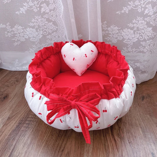 Cozy Pet Bed with Heart Toy for Dogs and Cats Red Cherries