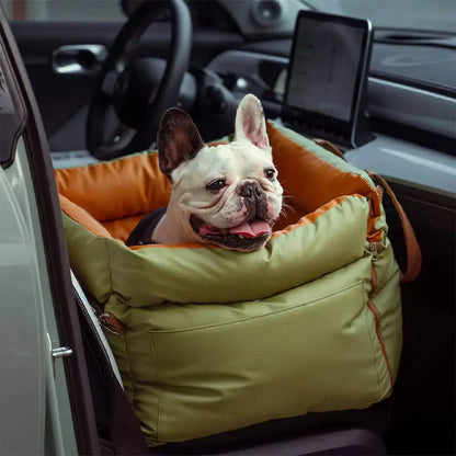 Stylish faux leather dog car seat for safe pet travel.