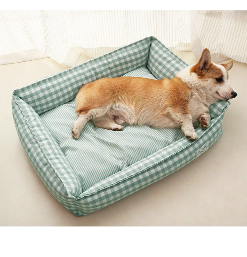 Square Lattice Pet Kennel Bed - Medium & Small Dog Calming Sofa Cushion with Dog Light Green