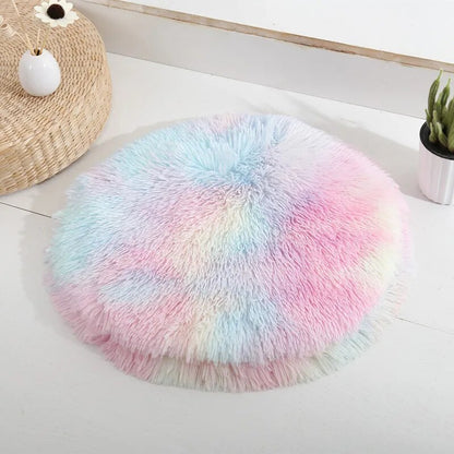 Plush Cat Beds for Cats & Small Dogs Soft Round and Colorful Pet Mats Rainbow