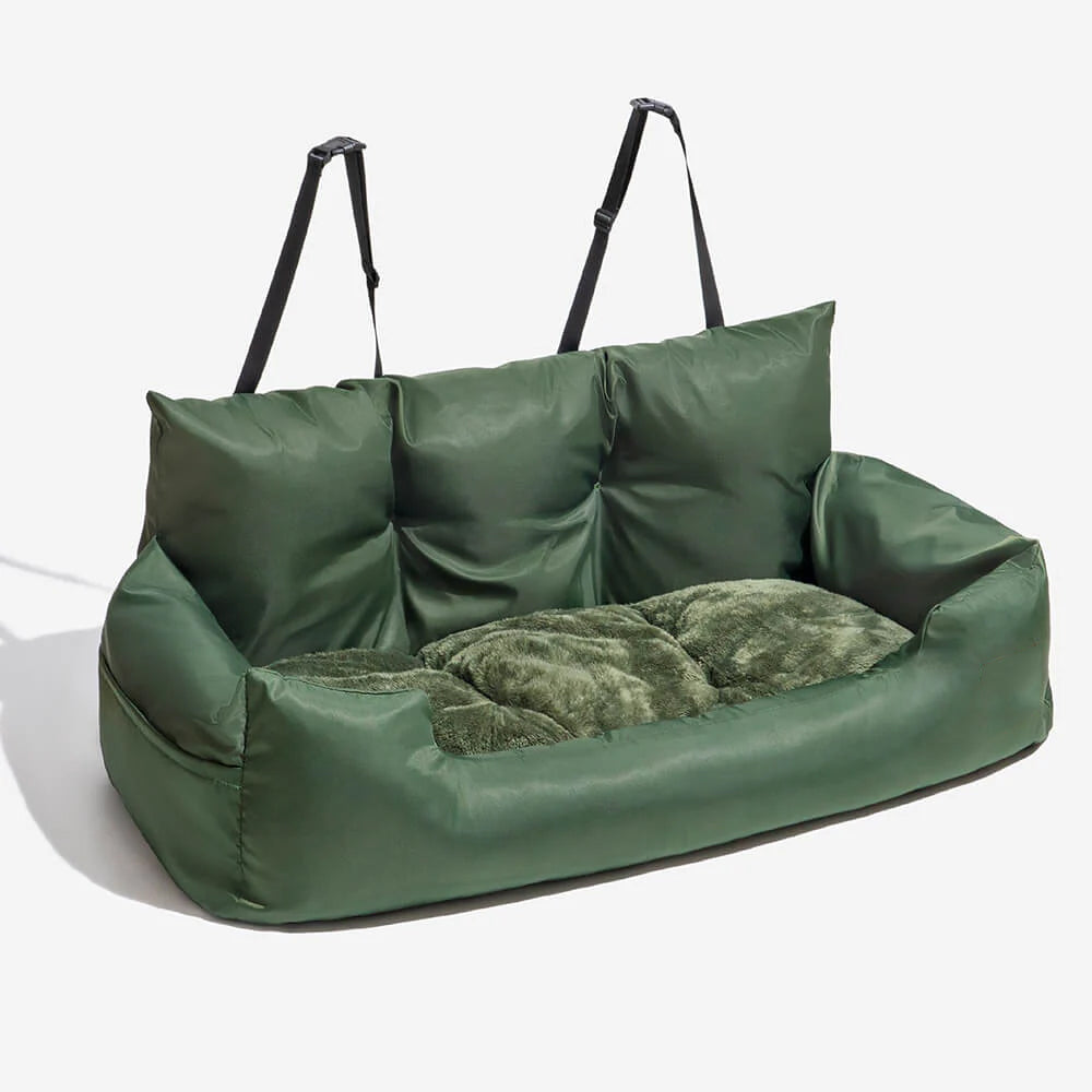 "Army Green dog booster seat, combining safety with a pop of color."