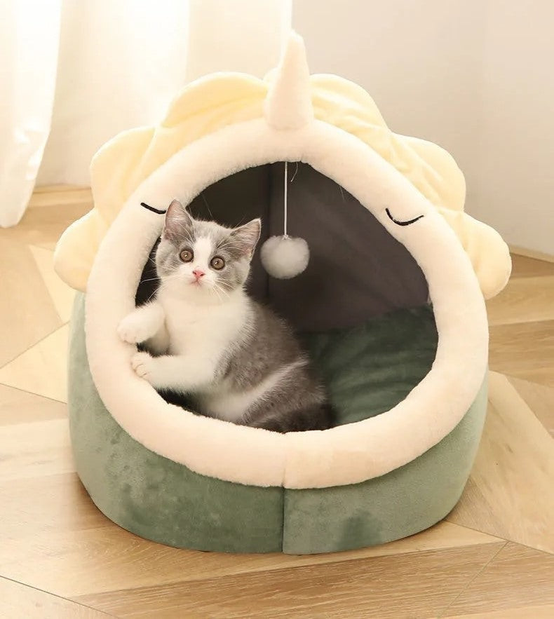 Cozy Dinosaur-Themed Cat Hut with Playful Dangling Toy