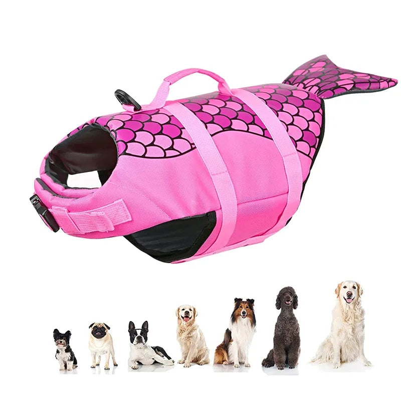 "Pink water safety dog vest shown with dog size chart below for fitting."
