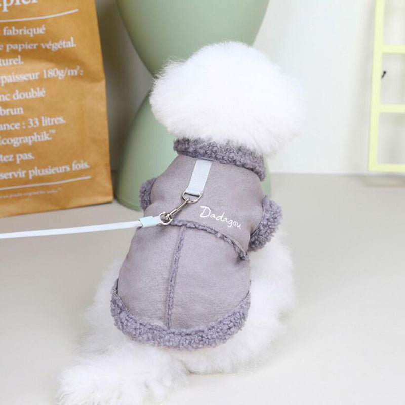 "Back view of the lamb fleece small dog jacket in grey."
